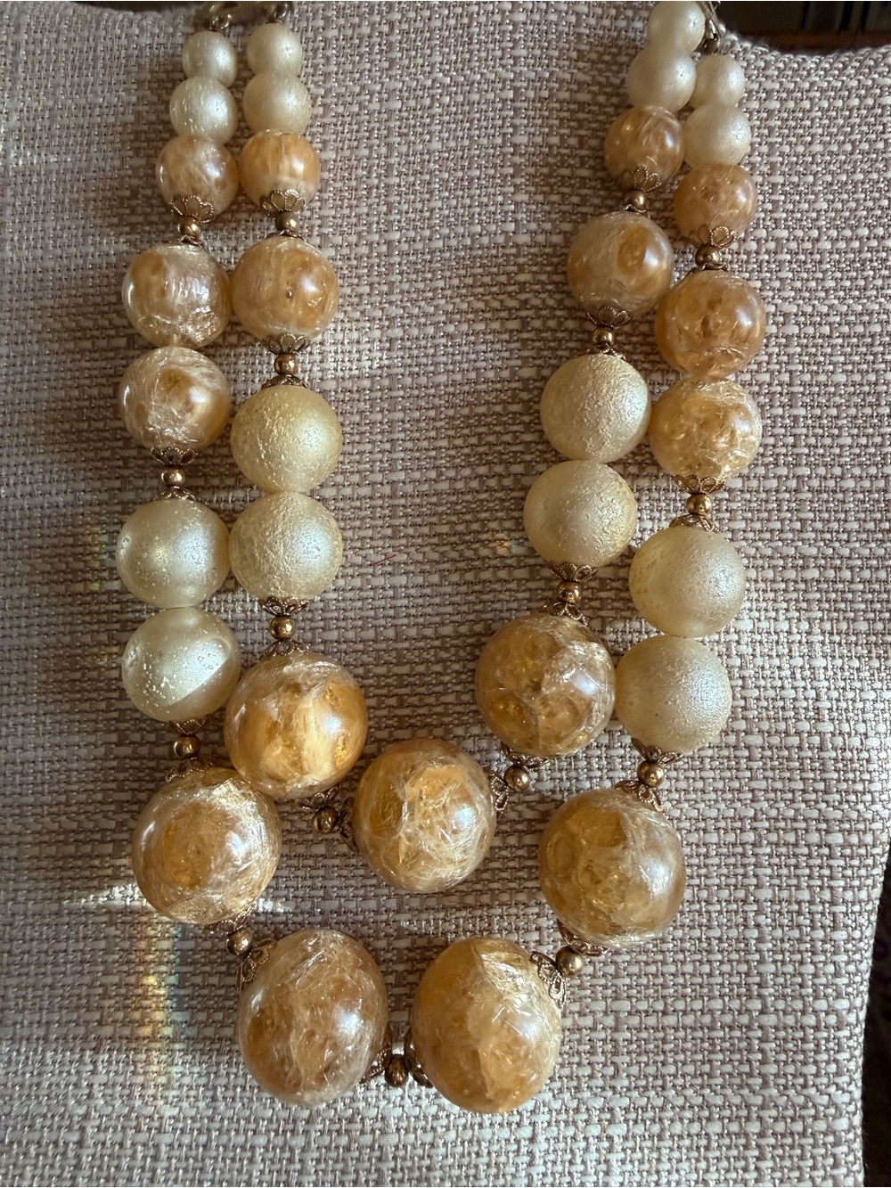 Vintage Double Strand Marbled Amber & Cream Glass Bead Statement Necklace